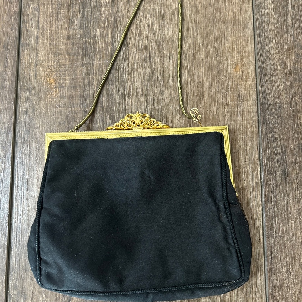 Vintage Petit Point Floral Evening Bag | Black Satin Gold Ornate Frame - Picture 4 of 4